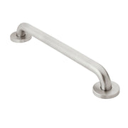 Brushed stainless steel grab bar with peened finish and circular wall mounts at each end.
