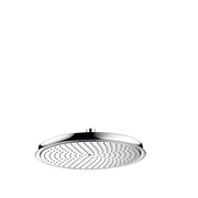 Chrome round overhead shower head with perforated face and mounting bracket.