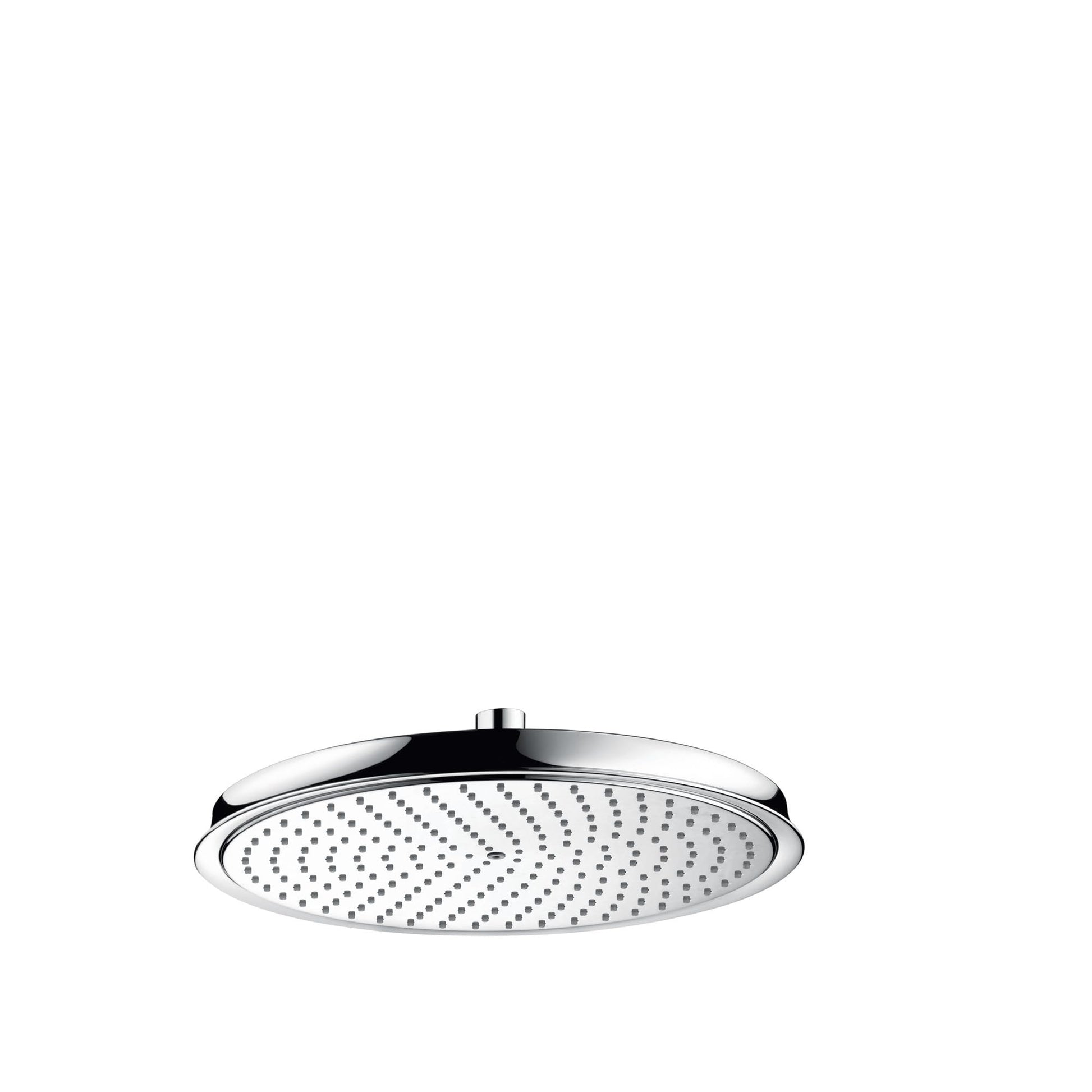 Chrome round overhead shower head with perforated face and mounting bracket.