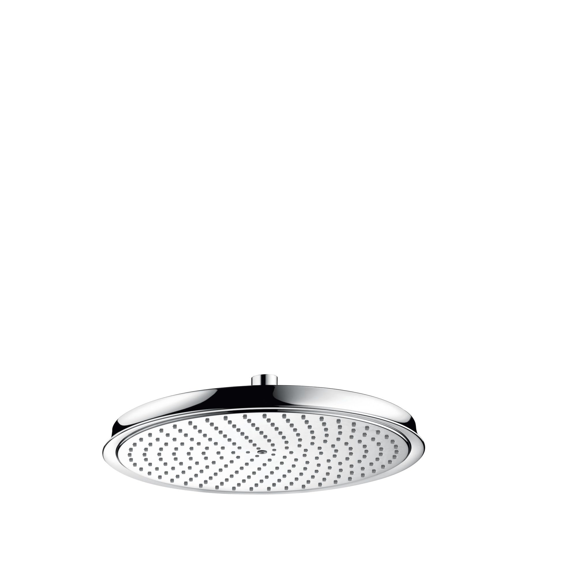 Chrome round overhead shower head with perforated face and mounting bracket.