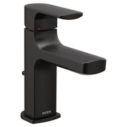 Matte black single-handle bathroom faucet with curved spout and indicator dots for hot and cold water controls.
