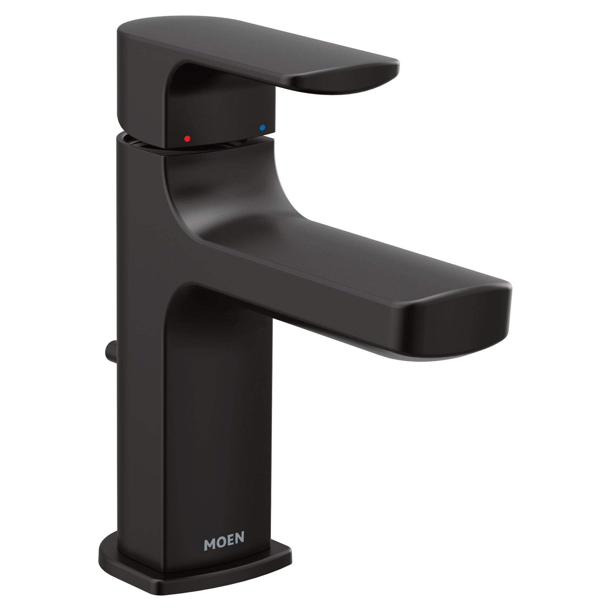 Matte black single-handle bathroom faucet with curved spout and indicator dots for hot and cold water controls.