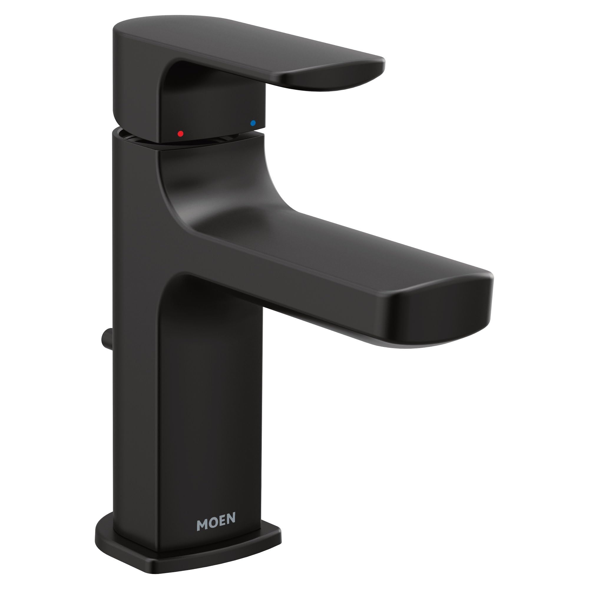 Matte black single-handle bathroom faucet with curved spout and indicator dots for hot and cold water controls.