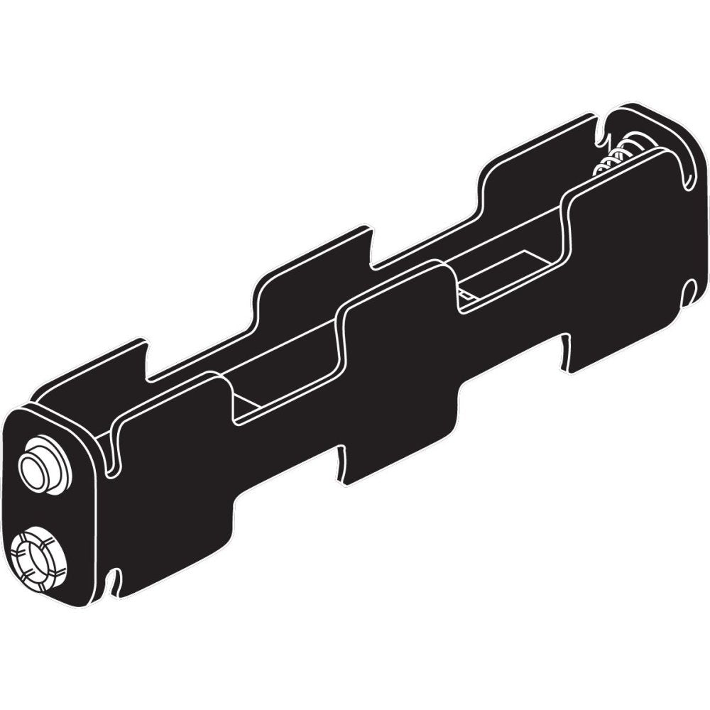 Black plastic battery holder with three compartments and terminal contacts on one end.