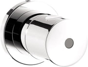 Chrome volume control trim with cylindrical lever handle and round escutcheon plate for shower or bath installation.