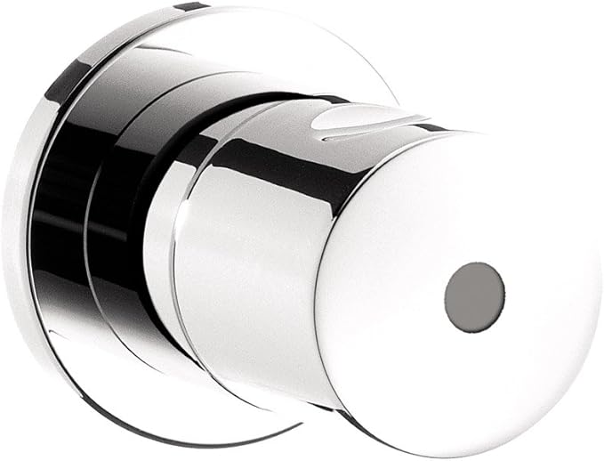 Chrome volume control trim with cylindrical lever handle and round escutcheon plate for shower or bath installation.