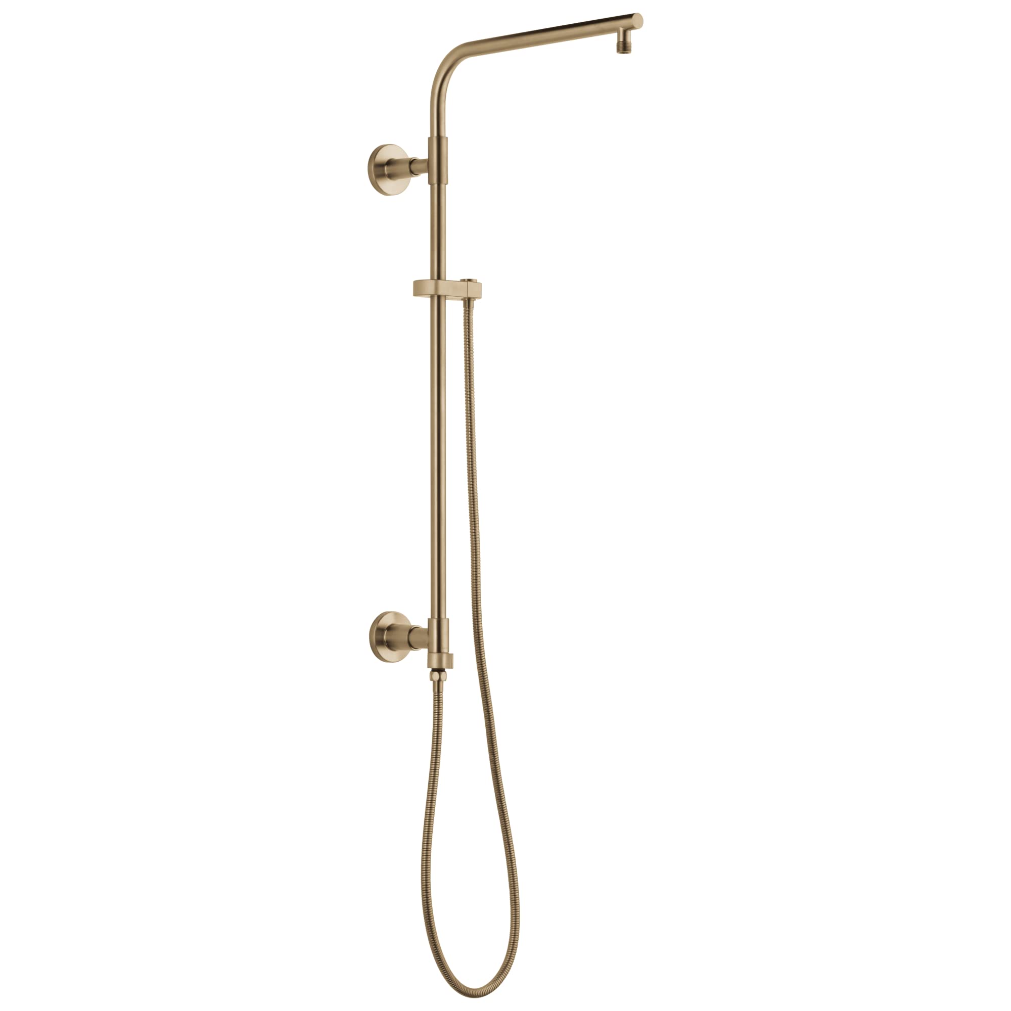 Champagne bronze shower column with curved arm, handheld wand, and wall-mounted controls.