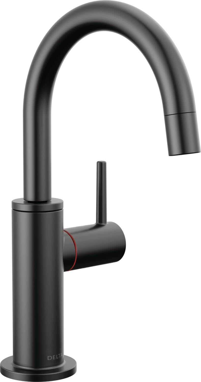 Matte black round hot water dispenser with curved spout and single lever handle on circular base.