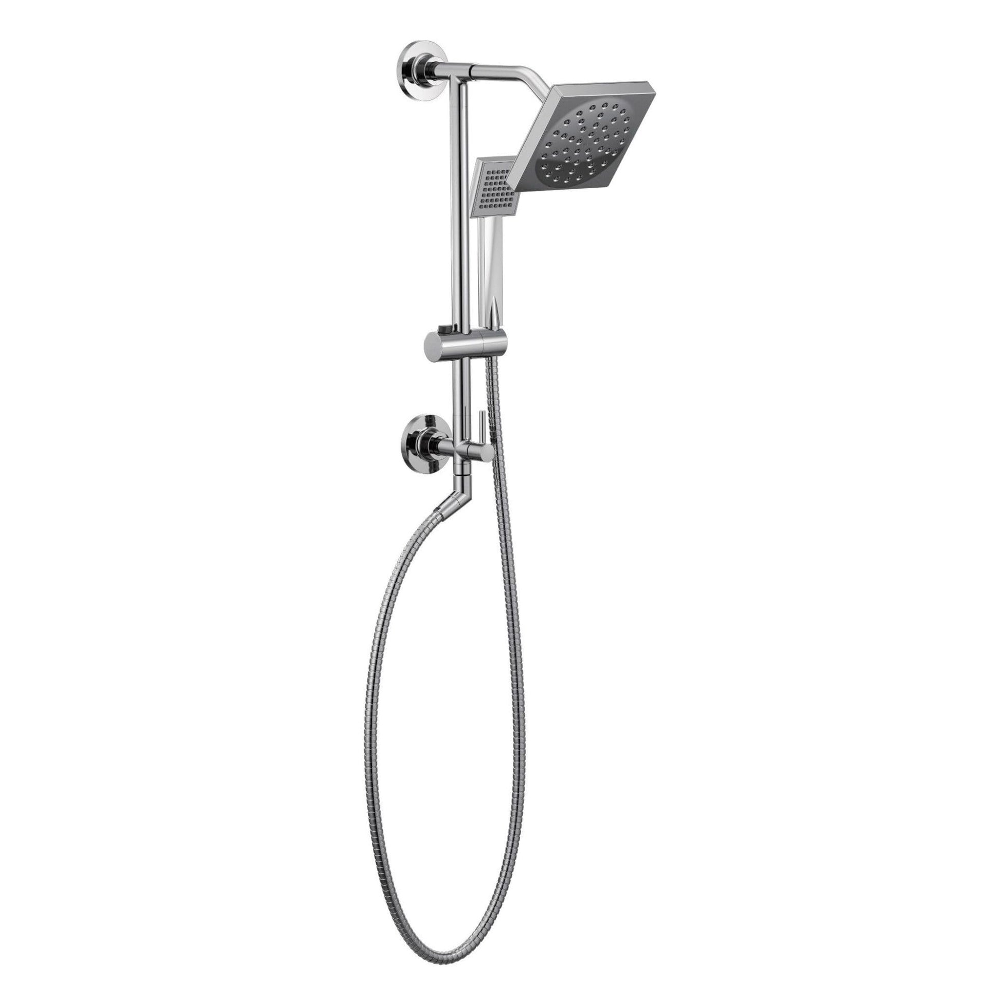 Chrome showerhead system with 6-inch square rainfall head, angled arm, handheld spray wand, and sliding bracket on vertical r