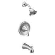 Chrome tub and shower faucet set with single lever handle, curved spout, and perforated showerhead.