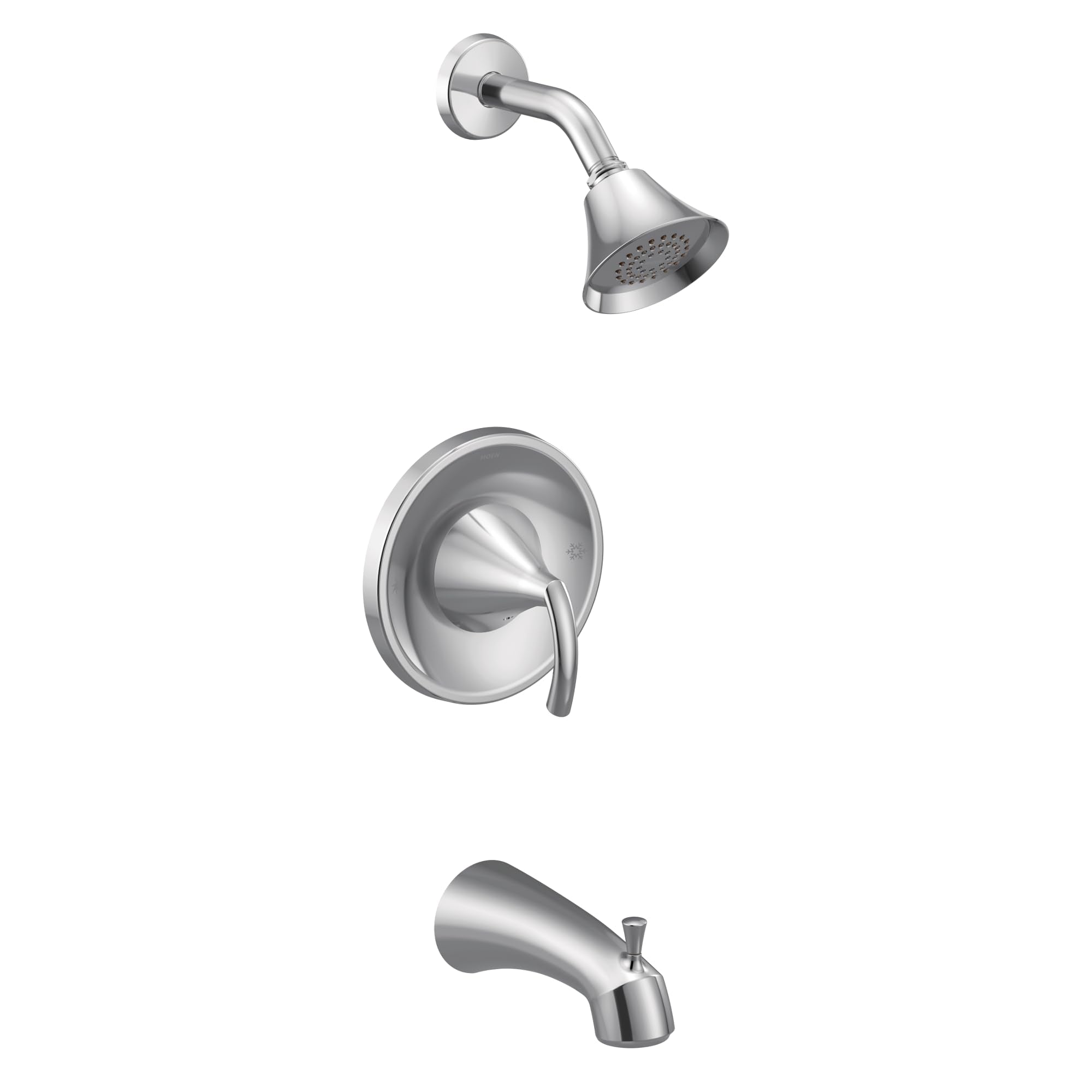 Chrome tub and shower faucet set with single lever handle, curved spout, and perforated showerhead.