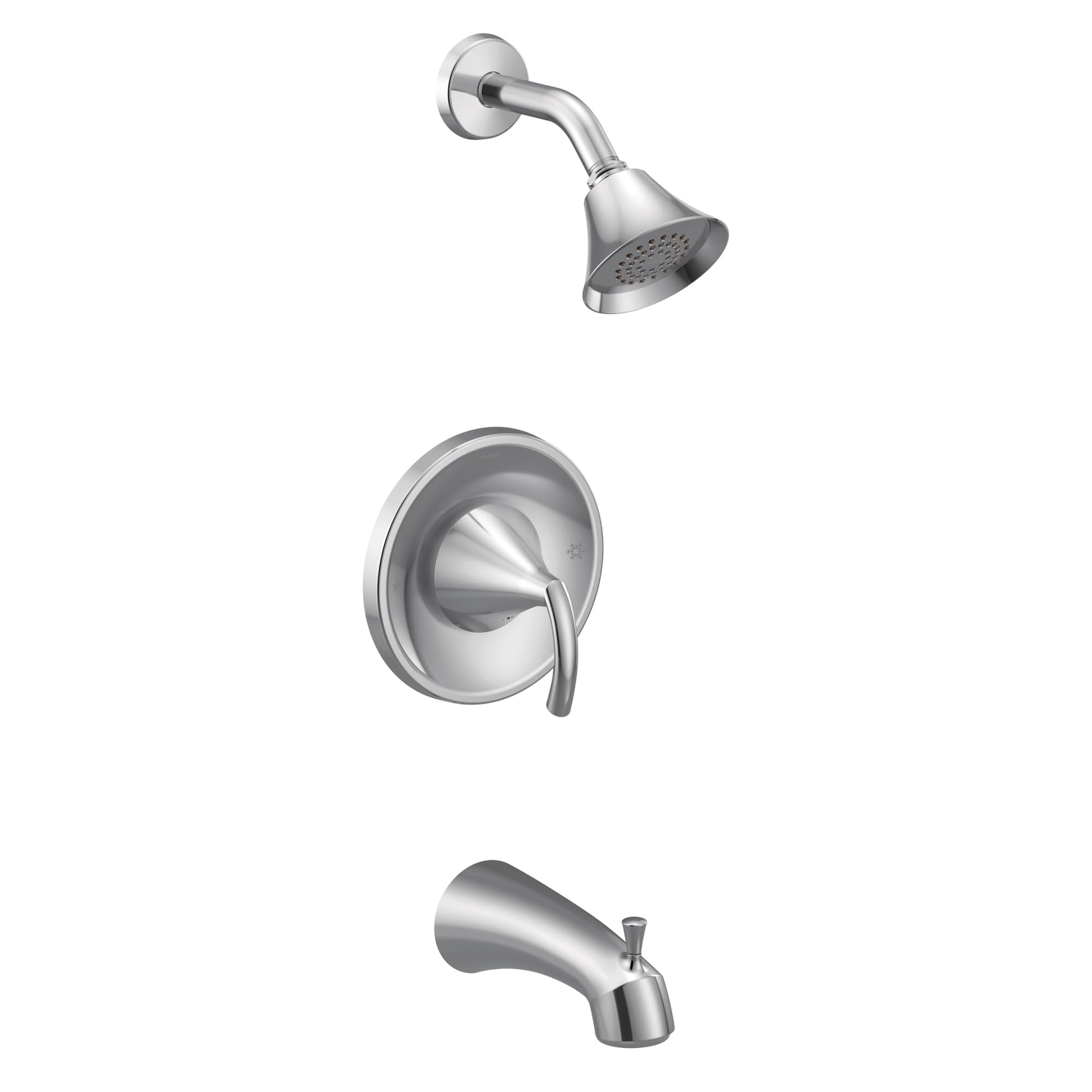 Chrome tub and shower trim with single lever handle, showerhead with perforated spray pattern, and curved tub spout.