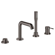 Hard graphite four-piece roman tub faucet with curved spout, handheld shower head, and two control handles.