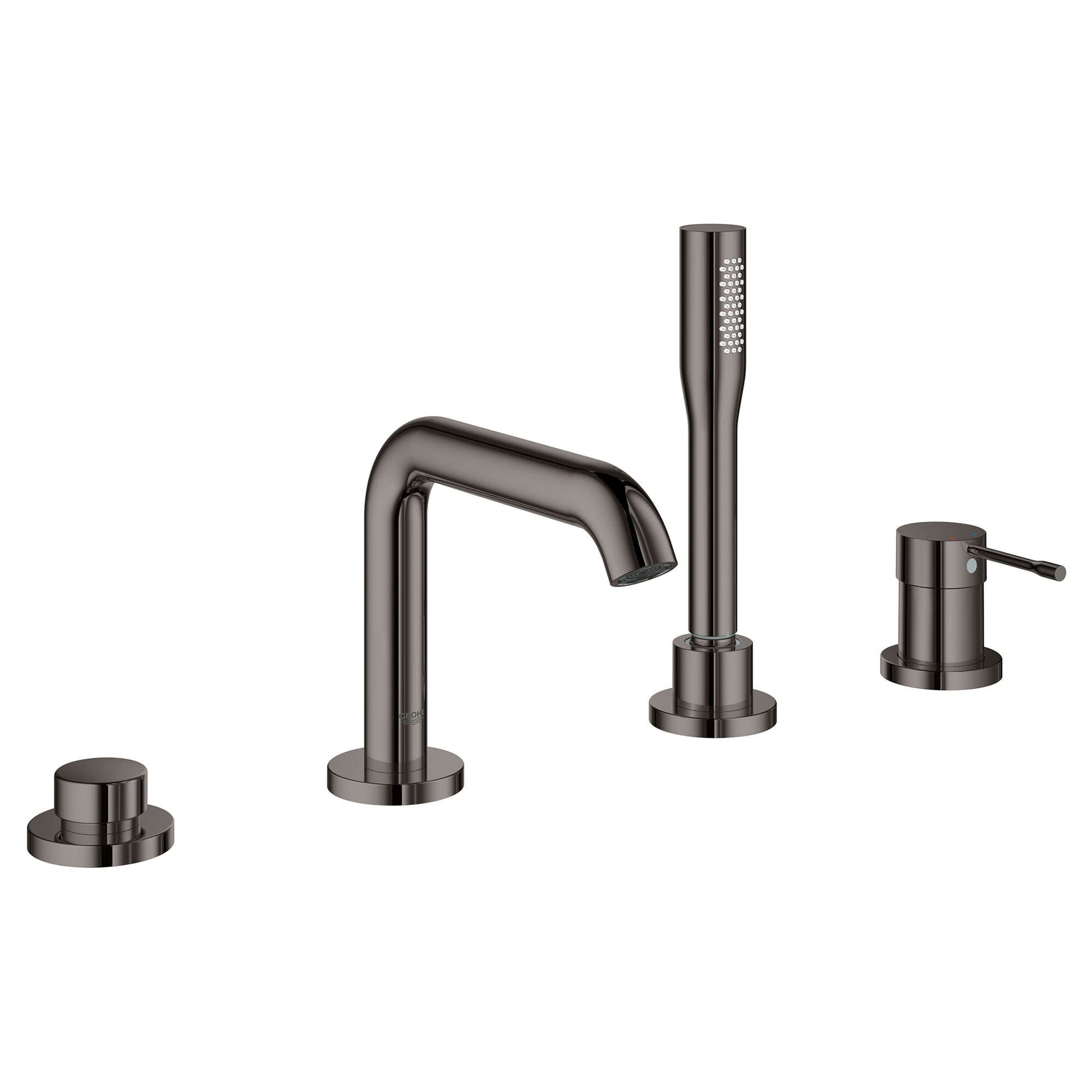 Hard graphite four-piece roman tub faucet with curved spout, handheld shower head, and two control handles.