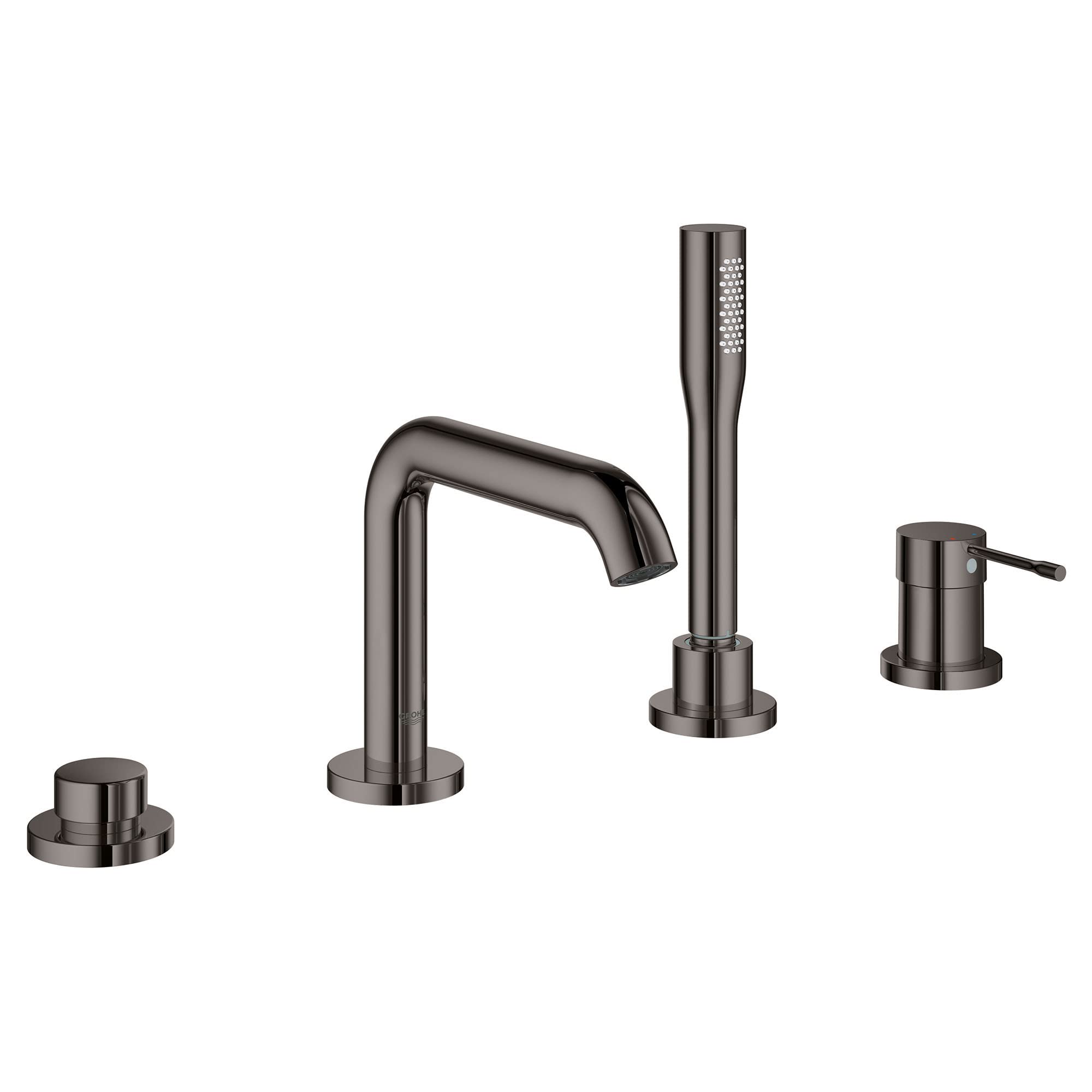 Hard graphite four-piece roman tub faucet with curved spout, handheld shower head, and two control handles.