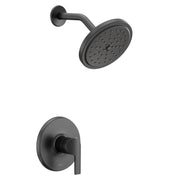 Matte black shower trim kit with single-handle lever control and circular showerhead with spray holes.