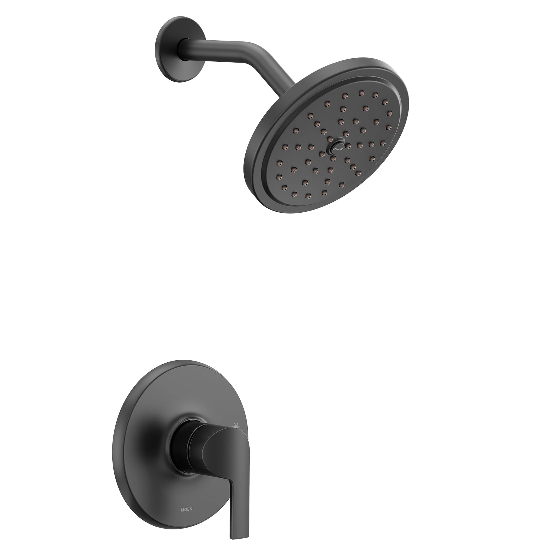 Matte black shower trim kit with single-handle lever control and circular showerhead with spray holes.