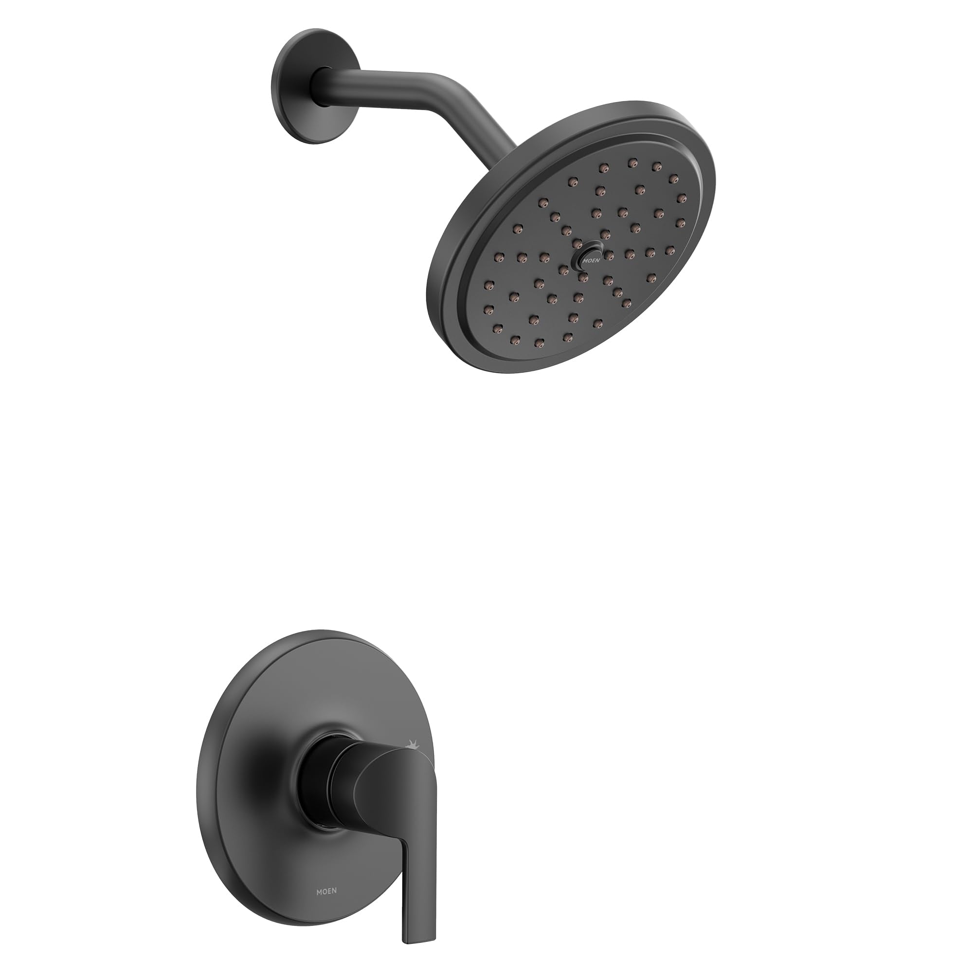 Matte black shower trim kit with single-handle lever control and circular showerhead with spray holes.