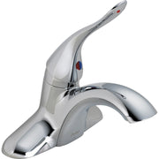 Chrome single-handle lavatory faucet with curved spout and lever control.