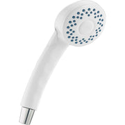 White hand shower with round head featuring multiple blue spray jets and chrome connection fitting.