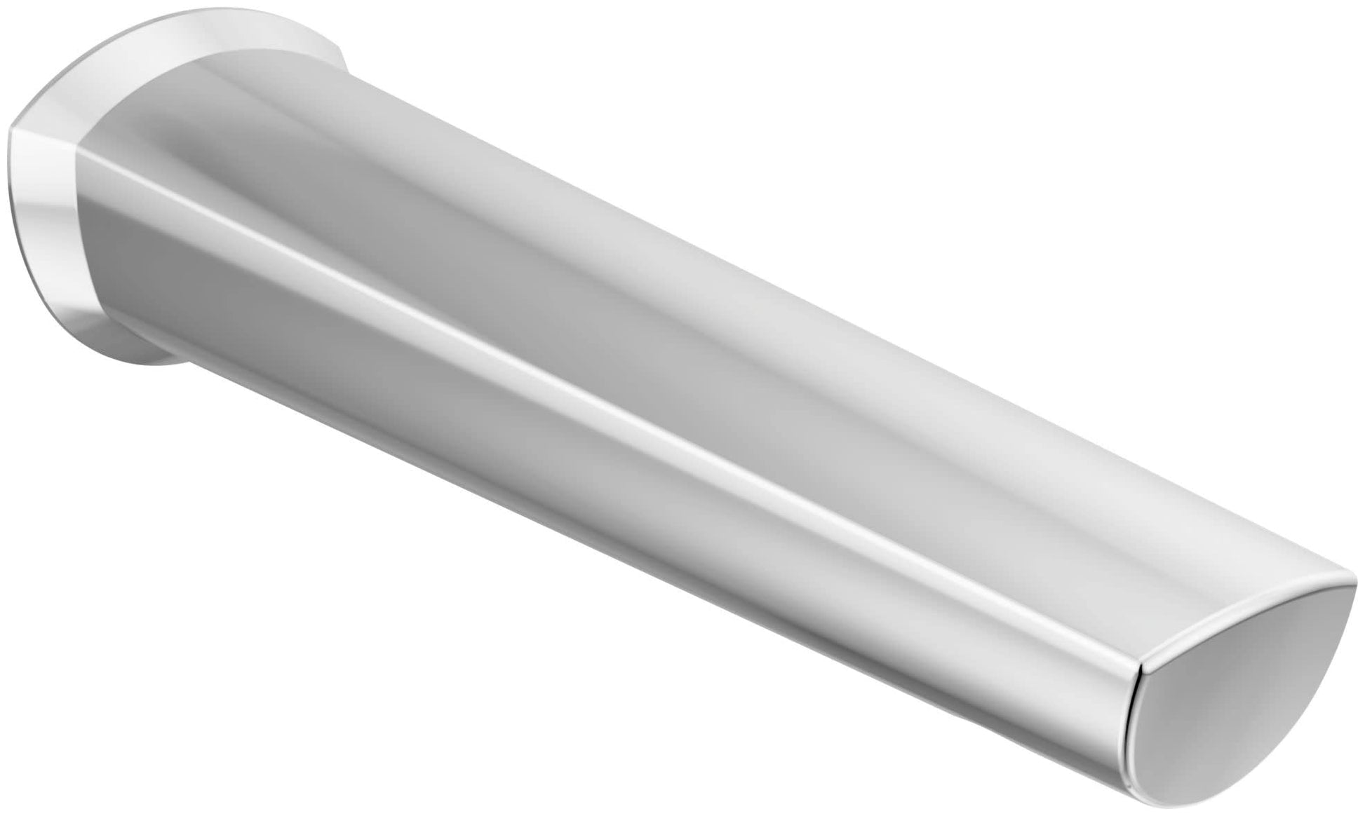 Chrome tub spout with angled outlet and wall-mounted collar fitting.