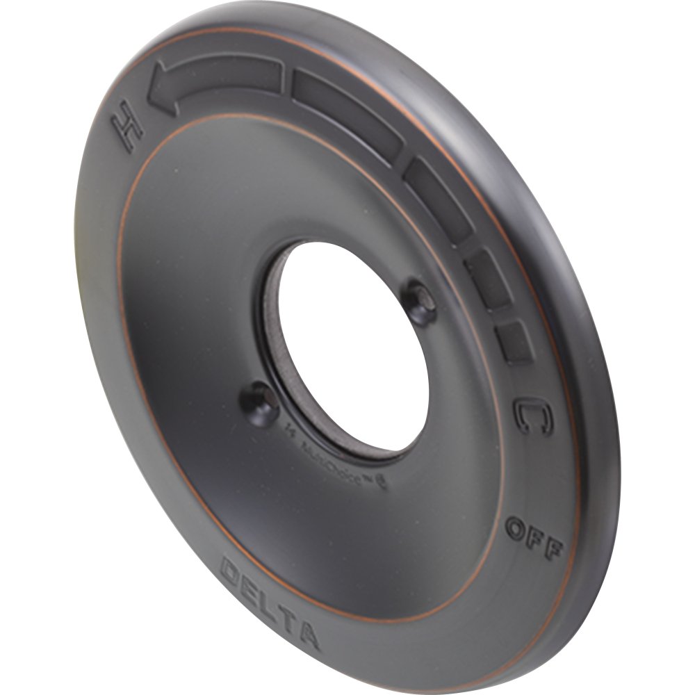 Oil rubbed bronze circular escutcheon with central hole and two mounting screws visible.