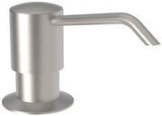 Stainless steel soap and lotion dispenser with cylindrical pump body and curved angled spout.