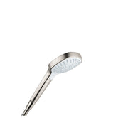 Brushed nickel handheld showerhead with white spray face and metal handle against white background.
