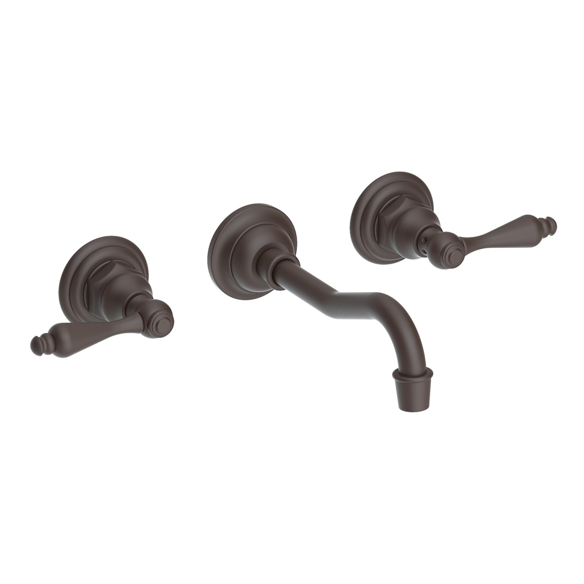 Oil-rubbed bronze wall-mount bathroom faucet with curved spout and two lever handles.
