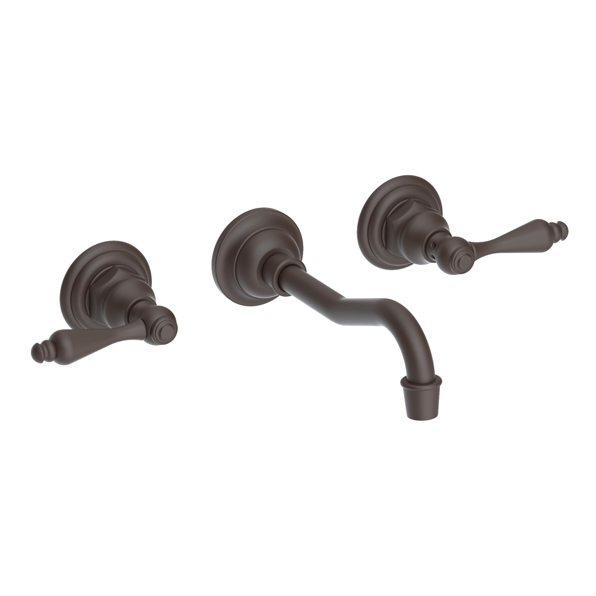 Oil-rubbed bronze wall-mount bathroom faucet with curved spout and two lever handles.