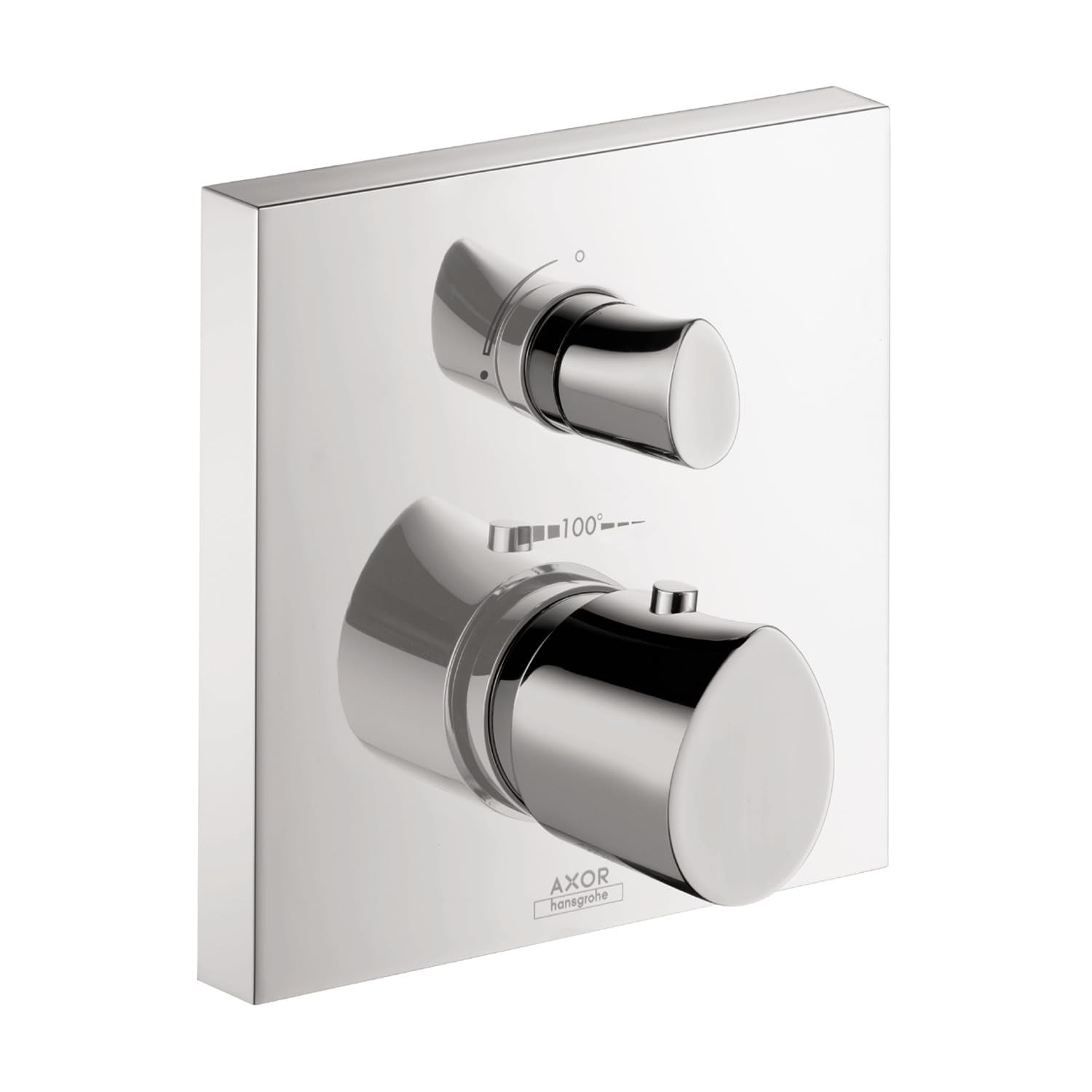 Chrome thermostatic shower trim with two cylindrical control knobs mounted on white rectangular plate.