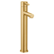 Brushed gold single-handle vessel sink faucet with tall cylindrical spout and side lever control.