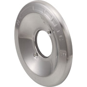 Brushed nickel round escutcheon with center opening and mounting holes, featuring on/off markings.