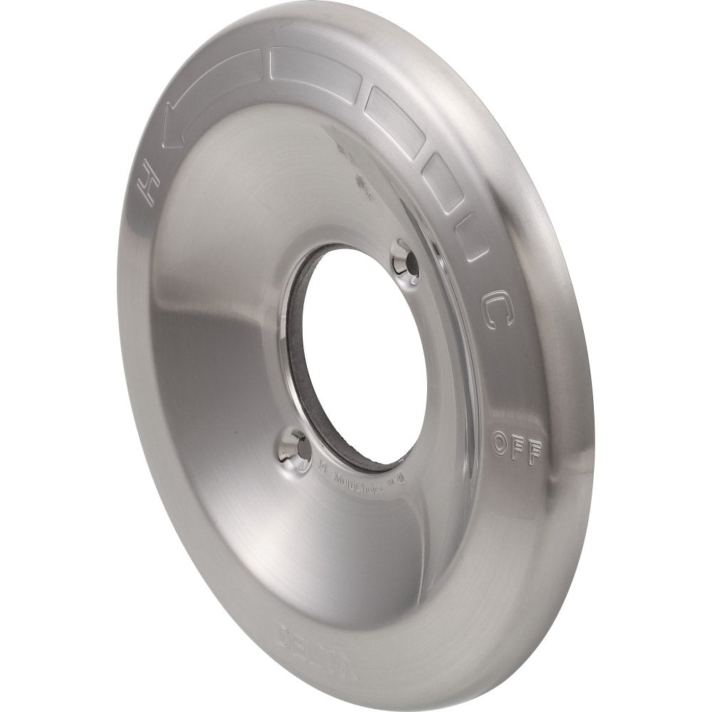 Brushed nickel round escutcheon with center opening and mounting holes, featuring on/off markings.