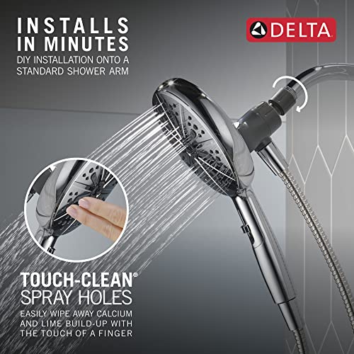 Chrome hand shower with multiple spray holes and magnetic dock attachment, shown with flexible hose connection.