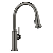 Satin dark steel pull-down kitchen faucet with curved spout and single handle control.