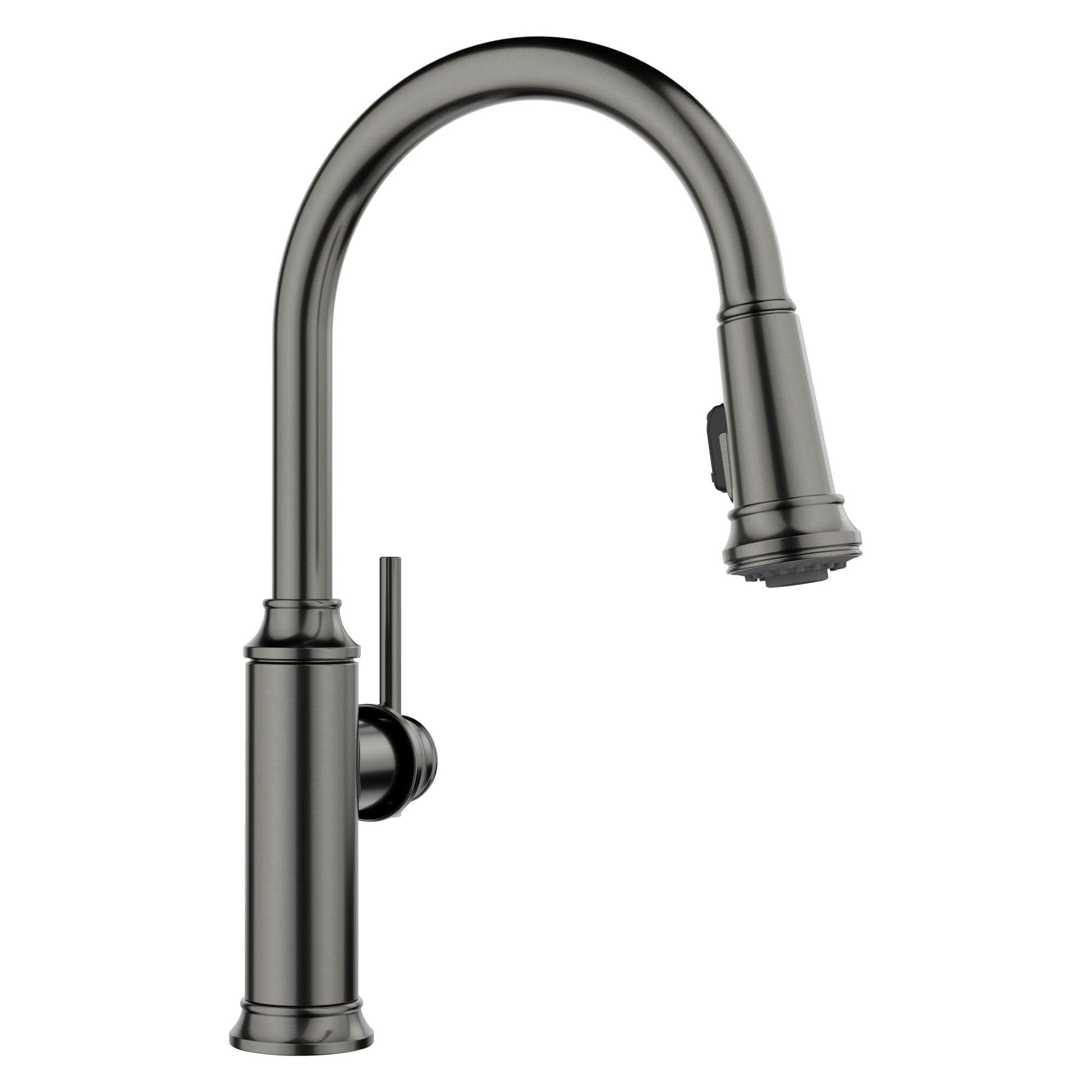 Satin dark steel pull-down kitchen faucet with curved spout and single handle control.