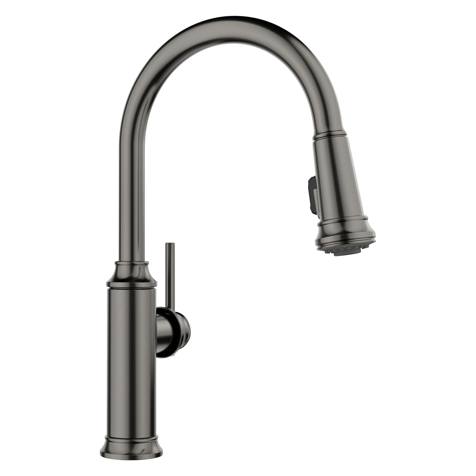 Satin dark steel pull-down kitchen faucet with curved spout and single handle control.