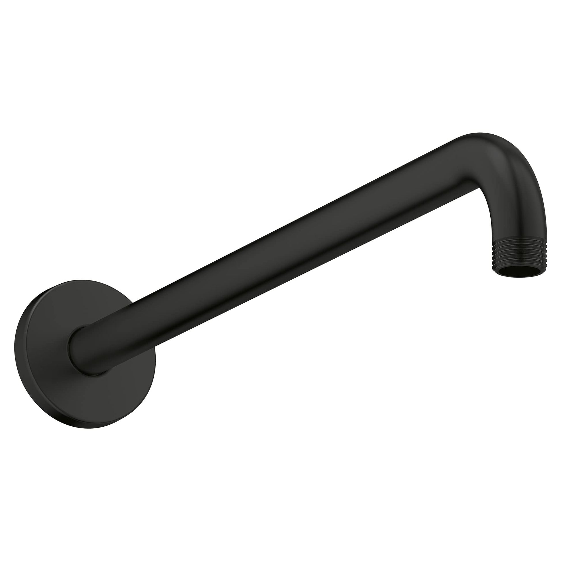 Matte black curved shower arm with round wall-mounted base and threaded outlet connection.