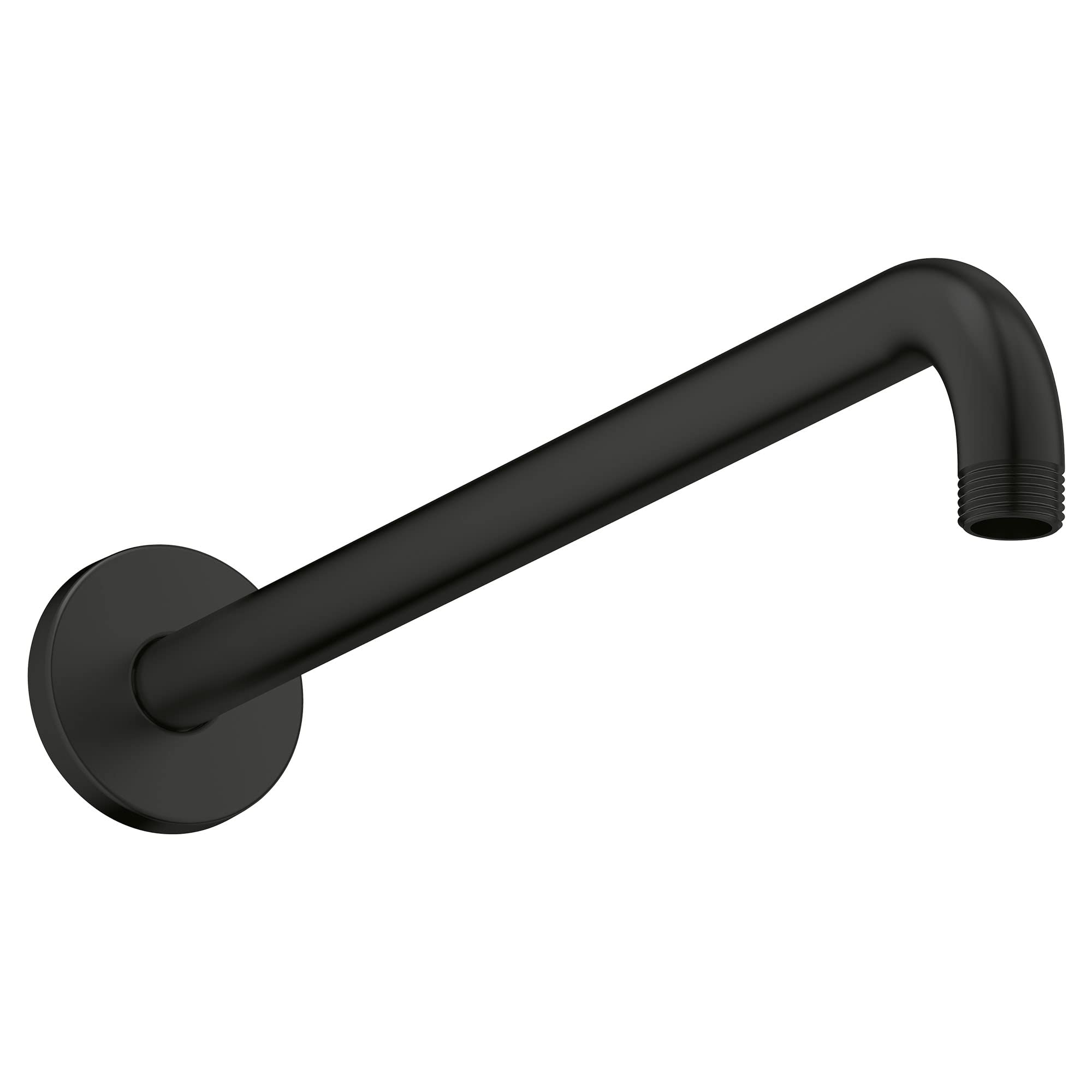 Matte black curved shower arm with round wall-mounted base and threaded outlet connection.