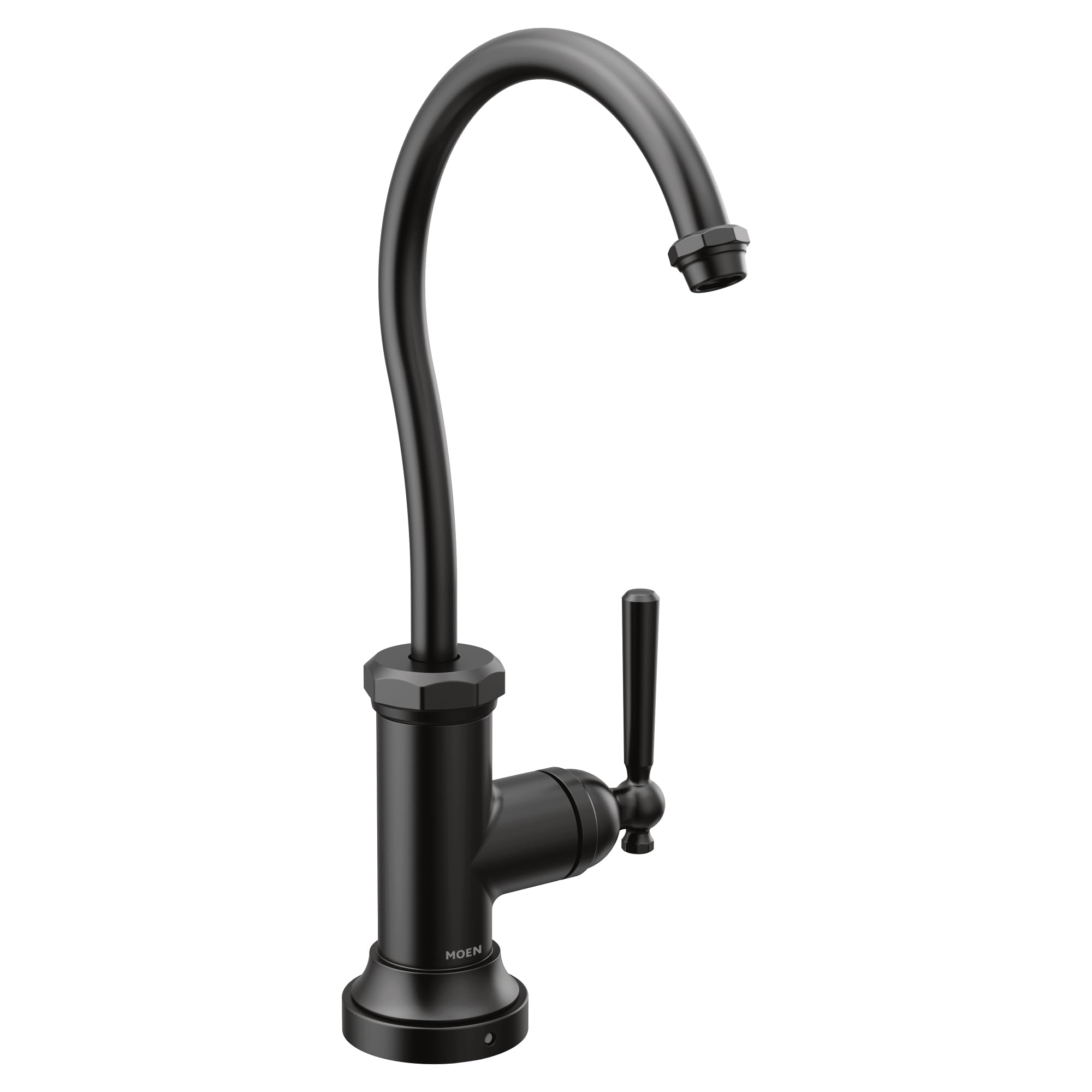 Matte black kitchen faucet with curved spout, single lever handle, and round base.