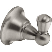 Brushed nickel wall-mount robe hook with dual rounded hooks extending from circular backplate.