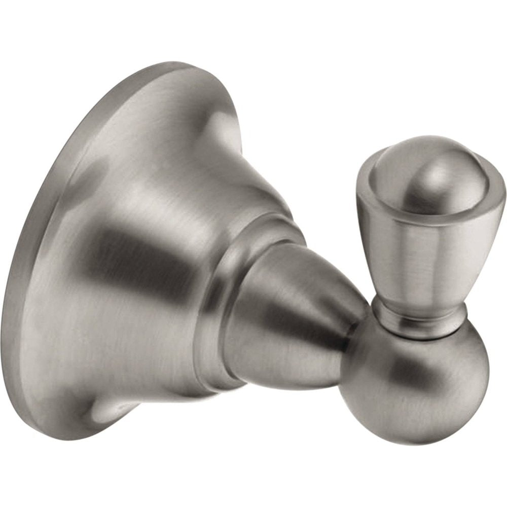 Brushed nickel wall-mount robe hook with dual rounded hooks extending from circular backplate.