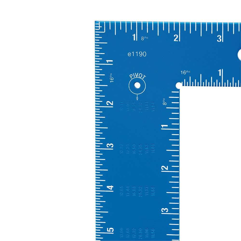Blue metal framing square with white measurement markings, pivot hole, and model number e1190 printed on surface.