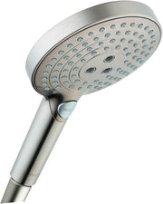 Brushed nickel handheld showerhead with multiple spray jets and grip handle.