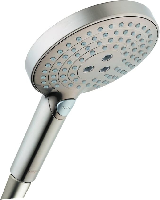 Brushed nickel handheld showerhead with multiple spray jets and grip handle.