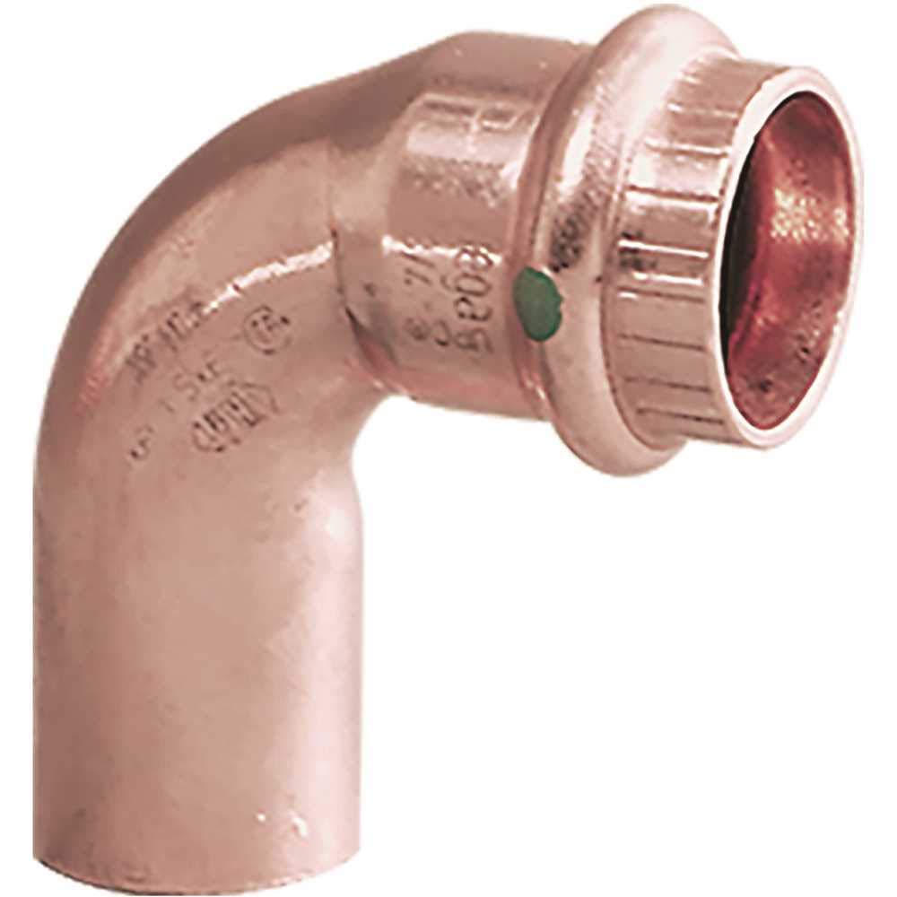 Copper 90-degree street elbow fitting with press connection on one end and female threaded connection on the other.