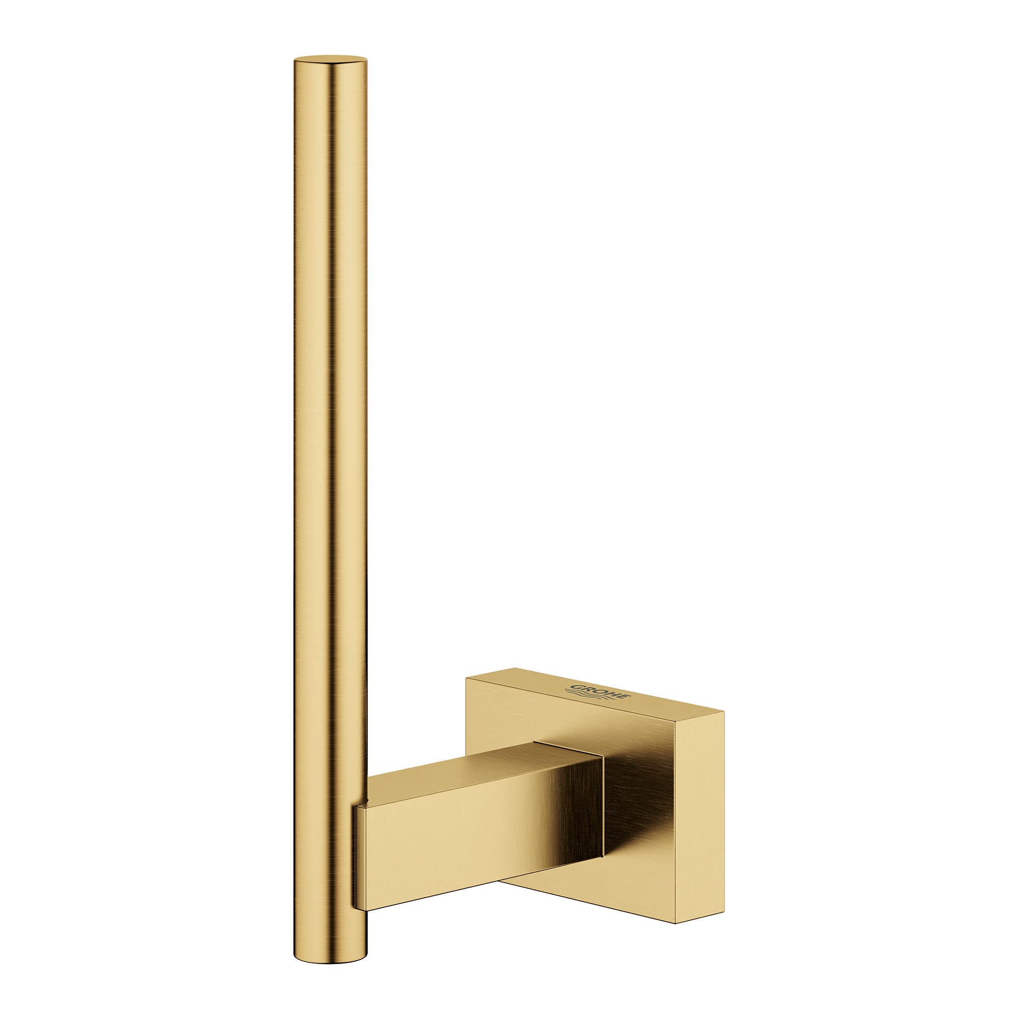 Brushed gold cylindrical spare toilet paper holder with square wall mount base.