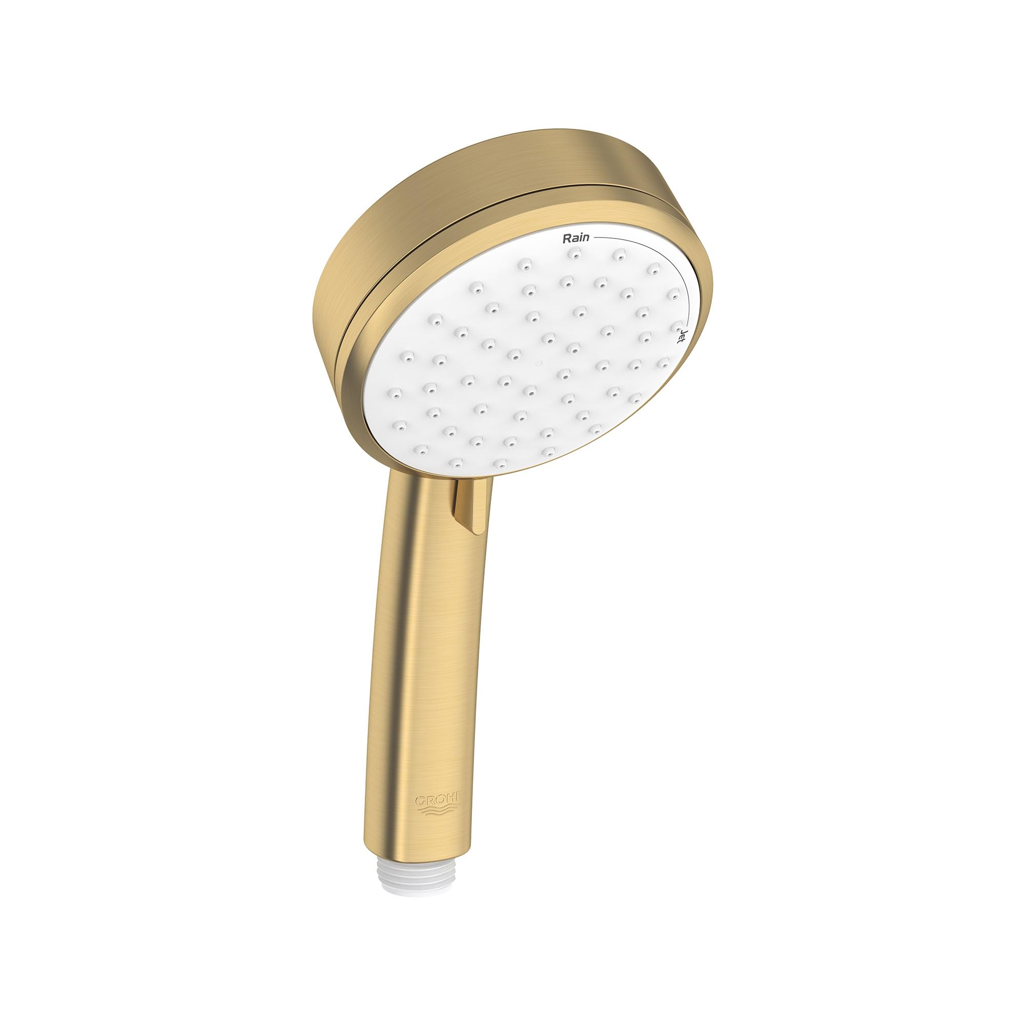 Grohe Tempesta hand shower with brushed gold finish, white spray face with multiple jet holes, and cylindrical handle.