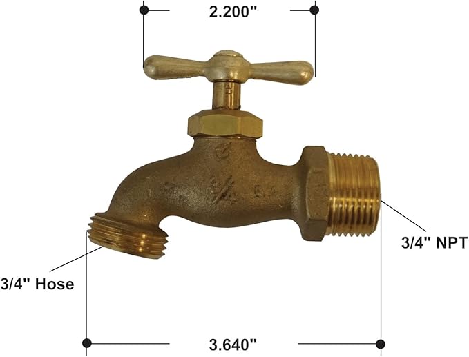 Brass hose bib with 3/4 inch NPT connection and cross-handle valve, shown with dimensions.